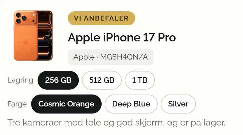 Forslag i Bestill: Apple iPhone 17 Pro, vi anbefaler. Valg for lagring og farge.